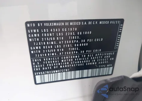 2022 Volkswagen Taos 1.5T Se from USA, damaged, VIN 3VVSX7B23NM072781